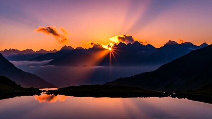 Majestic mountain landscape with sunrise over lake reflecting golden light, ethereal alpine - Powered by Adobe