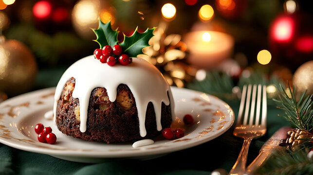A delightful Christmas pudding on a decorative plate, topped with creamy white icing, holly leaves, and bright red berries. Festive holiday scene setting the mood.