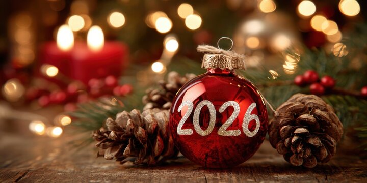 A red christmas ornament with the numbers 2026 written on it.
