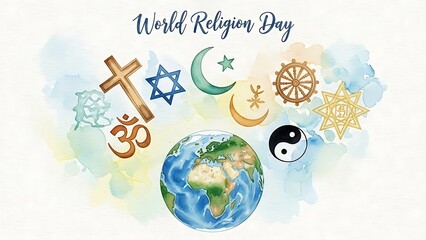 World religion day illustration with religious symbols and earth on watercolor background