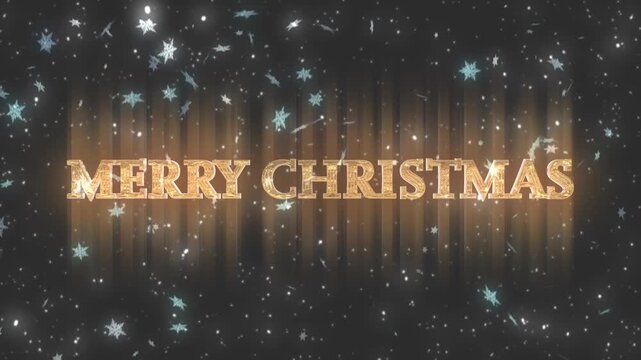 金色の光るクリスマスのテキスト　雪の結晶の降る背景　merry christmas のロゴ　お祝い・休日のデコレーション