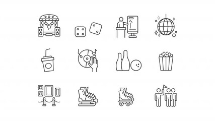 Animated entertainment line icons. Funny activities on leisure animation set. Enjoying free time and hobbies. Playing games. Outline elements on white background. HD video with alpha channel - Powered by Adobe