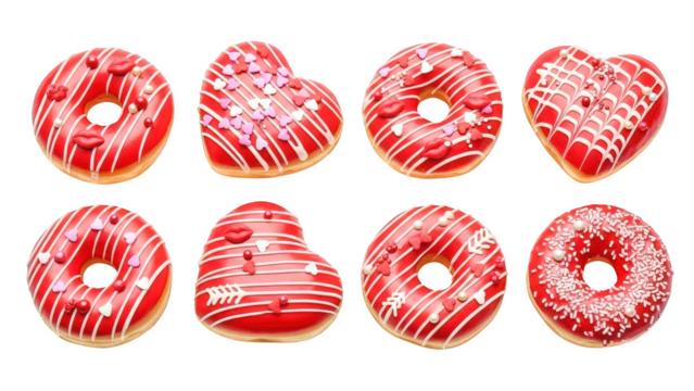 Eight red frosted donuts with white drizzle isolated on transparent background