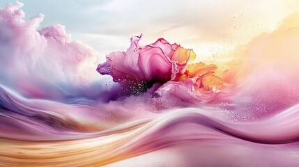 An abstract artwork featuring a stylized flower amidst swirling colors of pink, purple, and gold, with soft, diffused lighting.