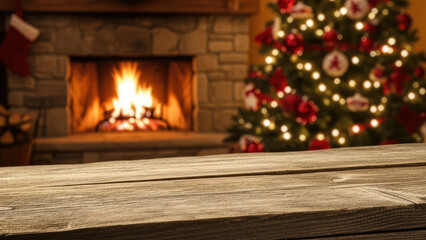 Fototapeta premium Cozy Christmas Scene with Fireplace and Decorated Tree.