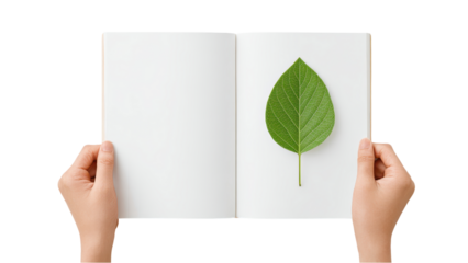 Hands Holding Open Notebook with Green Leaf - Nature and Writing Concept