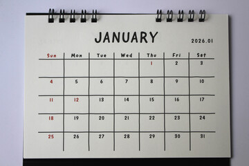 Monthly calendar template for the new year 2026 desk calendar,january,isolated on white background	