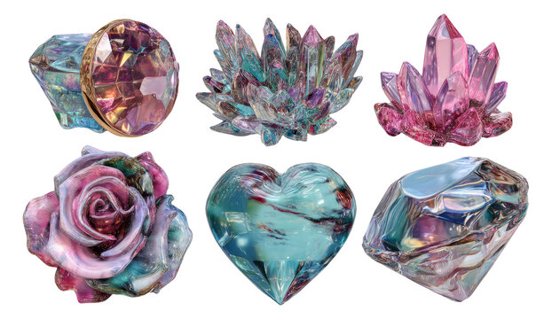 Glossy Sculpted Medallions and Valentine-Themed Gems in Translucent 7D Illustration