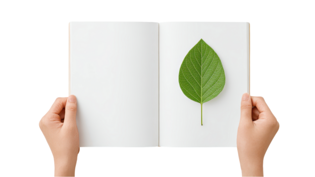 Hands Holding Open Notebook with Green Leaf - Nature and Writing Concept - Powered by Adobe