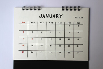 Monthly calendar template for the new year 2026 desk calendar,january,isolated on white background	