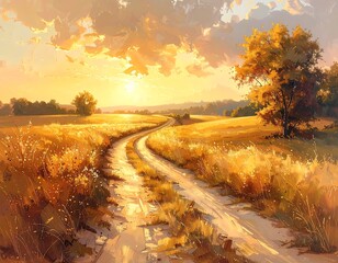 Golden hour illuminates a country road through a field