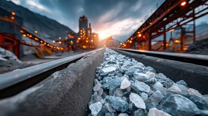 Industrial landscape with railway tracks and gravel at sunset, mining factory, construction