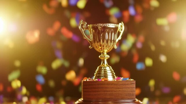 celebratory golden trophy animation with confetti explosion, symbolizing achievement, leadership, success and outstanding performance, in festive atmosphere