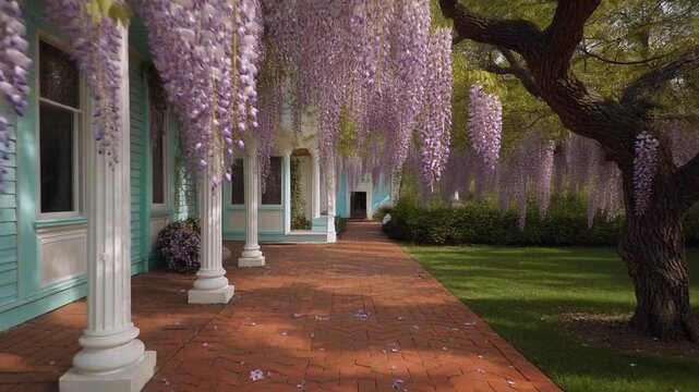 Elegant home exterior with wisteria blooms and brick walkway, creating a dreamy, tranquil atmosphere for lifestyle or real estate video projects