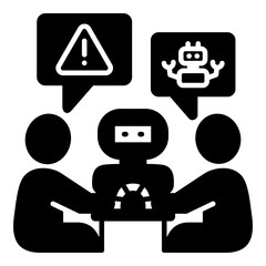 AI Risk Assessment and Ethical Consultation Glyph Icon. Experts Discussing Warnings and Policy for Artificial Intelligence - Addressing Safety Concerns and Regulatory Requirements.