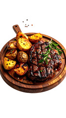Steak and golden potatoes on wooden board, rosemary garnish