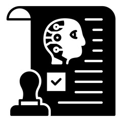 AI Policy Document with Approved Stamp Glyph Icon. Legal Contract or Certification Paper Featuring an AI Box and Checkmark Stamp, Representing Regulation, Verification, and Policy Compliance
