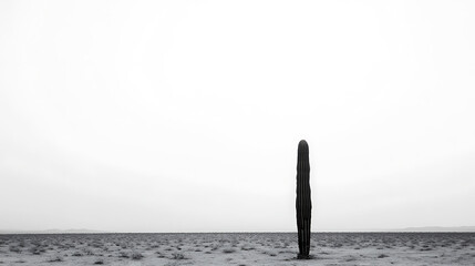 Fototapeta premium Monochromatic desert landscape featuring a solitary, textured cactus rising tall against a vast, bright sky, conveying a sense of quiet resilience. Stark desert scene.