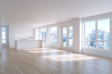 Obraz premium Spacious, bright, modern interior with light wood floors, white walls, and city views