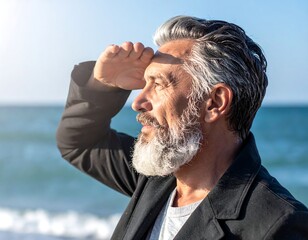 Profile of a distinguished man shielding eyes at the sunny sea