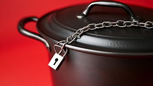 Black cooking pot is locked with a silver padlock and chain on a red surface. Food protection, security, or a humorous take on culinary secrets are all symbolized by the scene.
