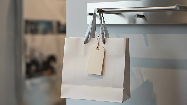 A close-up shot of a white paper bag with a blank tag hanging on a door handle, suggesting a delivery or gift.