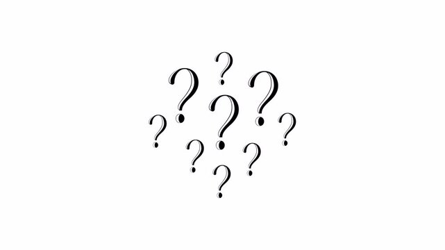 Stylized black question marks arranged in a scattered pattern on transparent background. 4K video