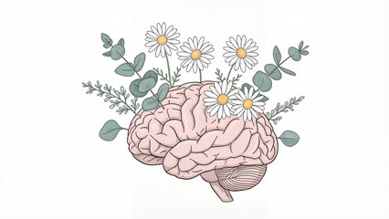 Hand-drawn brain with daisies and eucalyptus leaves sprouting from folds, delicate illustration, soft pastel tones, light botanical detail, calm artistic feel
