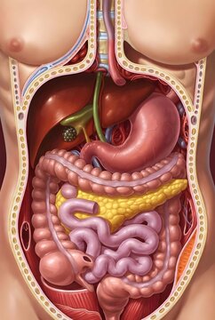 Detailed Human Abdominal Organs Illustration: Digestive System, Liver, Stomach, Intestines, Pancreas, Anatomy, Medical Science