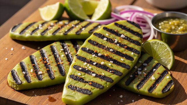 Nopal cactus paddles with appetizing mood grilled with char marks, served with lime and onions