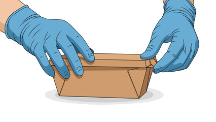 Flat vector takeaway container being sealed by gloved hands, isolated on white, clean minimal illustration