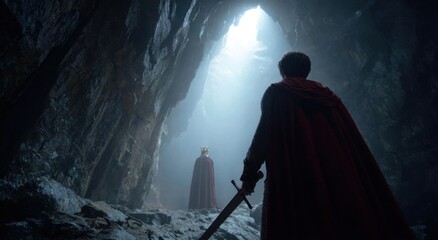 David cutting off a corner of King Saul's robe inside a cave.