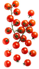 Red cherry tomatoes on vines, vibrant against black