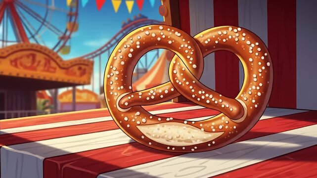 A delicious pretzel sits on a striped table at a lively carnival, with a Ferris wheel and roller coaster in the background.