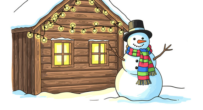 Snowman with cheerful mood standing beside a rustic wooden cabin with glowing string lights in hand-drawn colored pencil and marker style