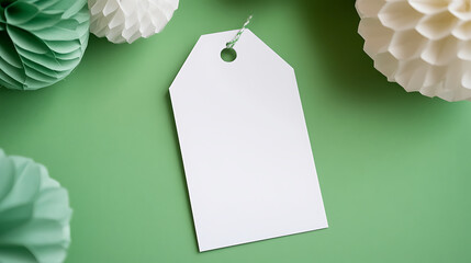 Stylish flat lay featuring a blank white tag for text or design placement, surrounded by decorative paper flower balls in a serene green hue. Ideal for adding a message.