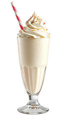 Vanilla milkshake topped with whipped cream and a straw