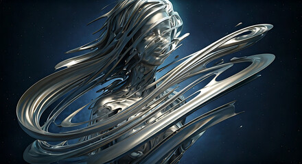 Stunning chrome figure with abstract flowing elements embodies futuristic design and technology innovation, perfect for modern concepts and artistic expression