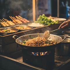 Cooking Thai Street Food Wok Frying Noodles Night