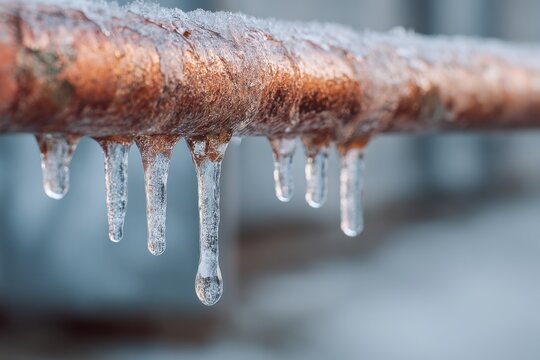 Close-up of a copper pipe with ice on it.