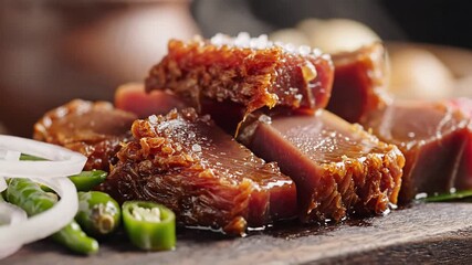 Spicy Beef Liver Fry with Onions and Green Chilies A CloseUp of Traditional Bangladeshi Cuisine Perfect for Food Blogs and Culinary Videos.