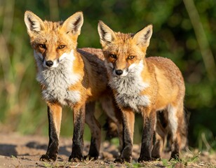Naklejka premium Two foxes stand side-by-side, gazing intently