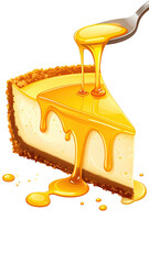 Cheesecake slice drizzled with golden, thick, glossy sauce