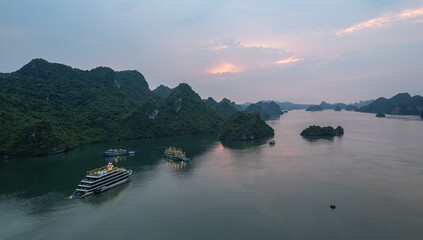 Cruise Boats at Sunset in Ha Long Bay