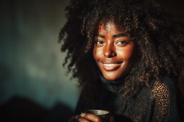 A beautiful african american woman holding a coffee cup.