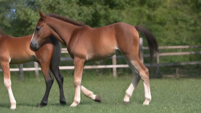 A young brown foal with white socks walks in a green pasture next to another foal.