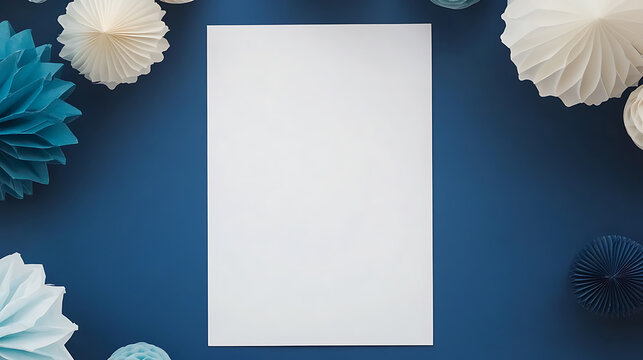 A minimalist composition features a crisp white paper, set against a serene backdrop of blue, accented by decorative paper ornaments. Ideal for announcements. Clean design.
