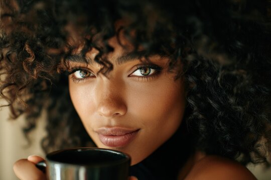 A beautiful african american woman holding a coffee cup.