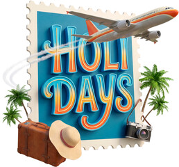 Holidays 3D Typography on Postage Stamp with Airplane and Suitcase. Travel Concept Isolated on Transparent Background