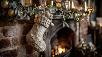 A cozy knitted stocking, overflowing with small toys, hanging by the mantel